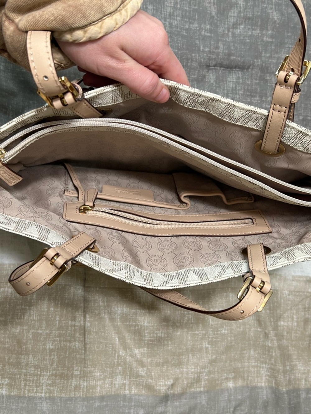 Michael Kors Cream and Beige MK Logo Canvas Tote - Picture 3 of 3